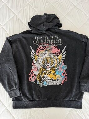 Von Dutch Black Hoodie with Tiger, Snake & Pink/Blue Accents